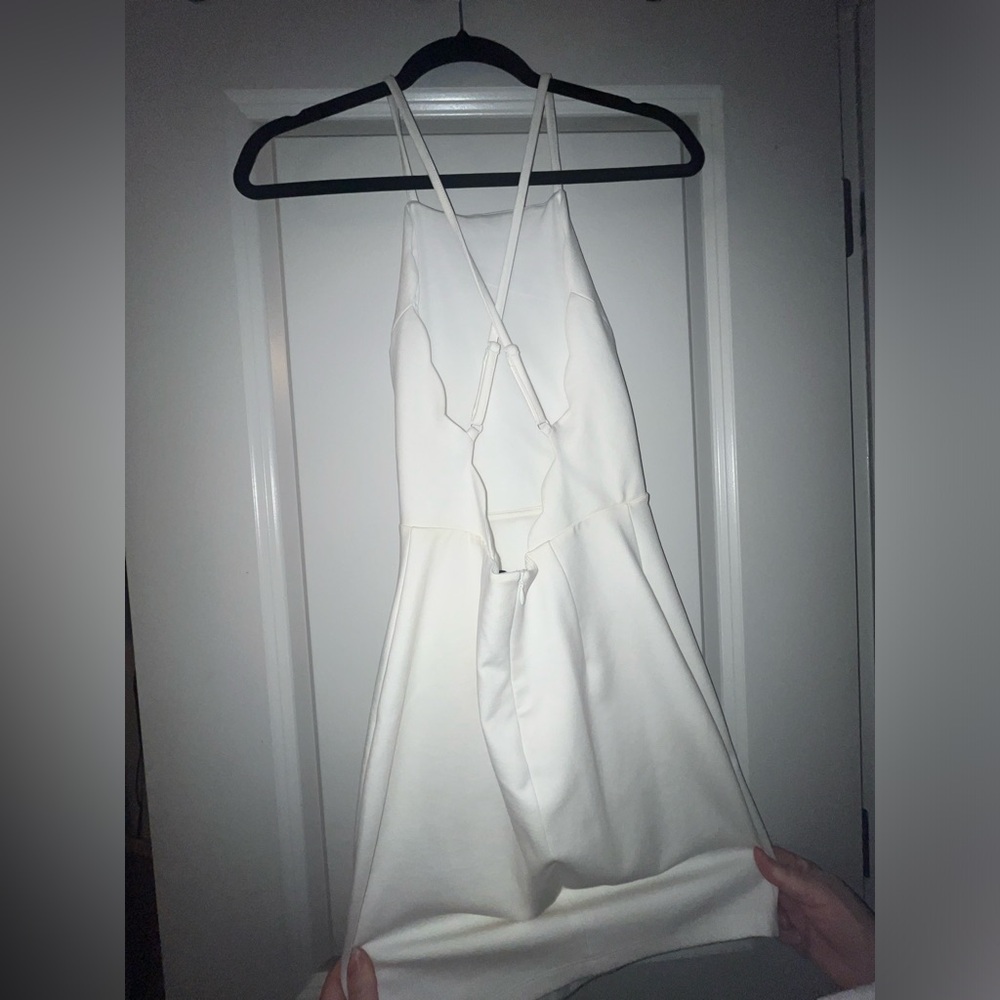 White scalloped open back mini dress